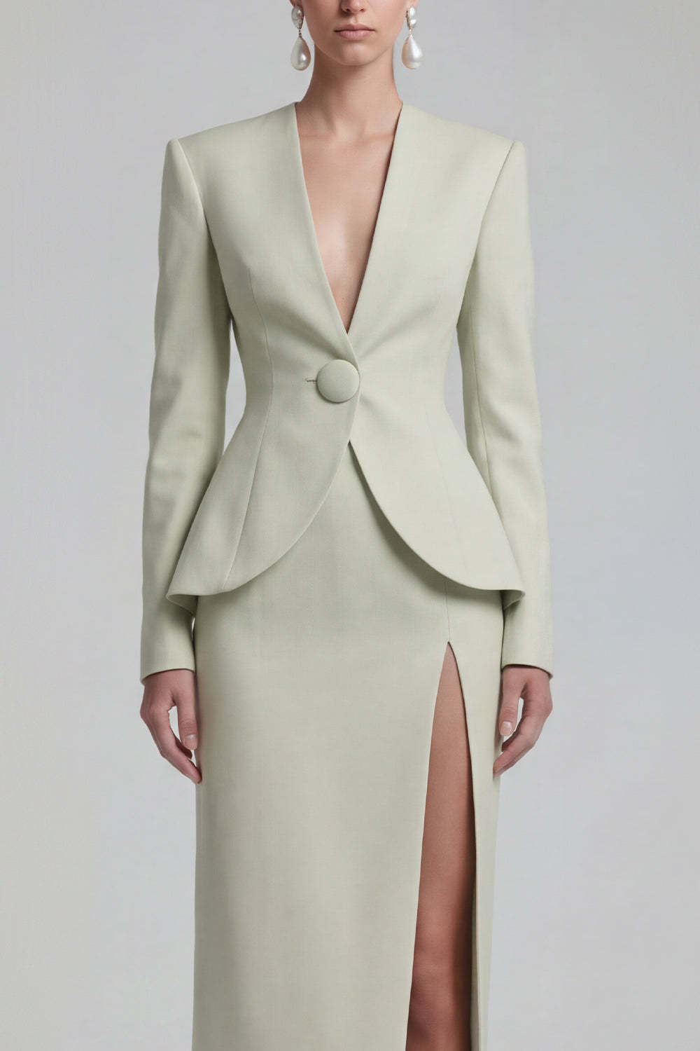 Green Single Breasted Sheath Long Sleeves 2 Piece Blazer Dress with Slit