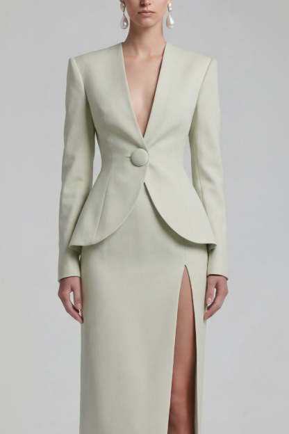 Green Single Breasted Sheath Long Sleeves 2 Piece Blazer Dress with Slit