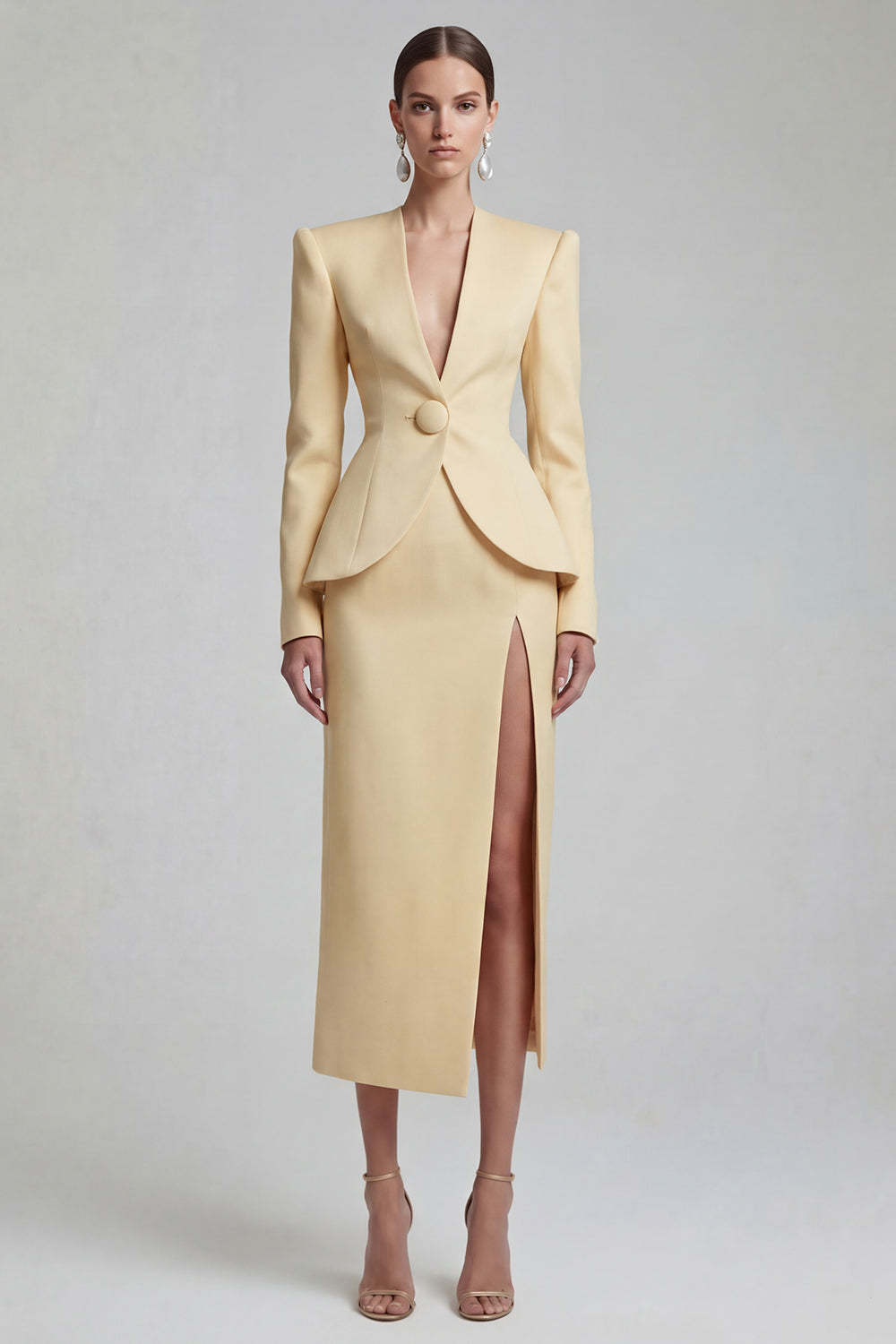 Green Single Breasted Sheath Long Sleeves 2 Piece Blazer Dress with Slit