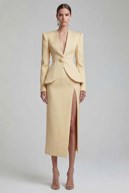 Green Single Breasted Sheath Long Sleeves 2 Piece Blazer Dress with Slit