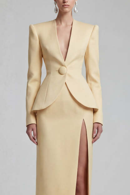 Green Single Breasted Sheath Long Sleeves 2 Piece Blazer Dress with Slit