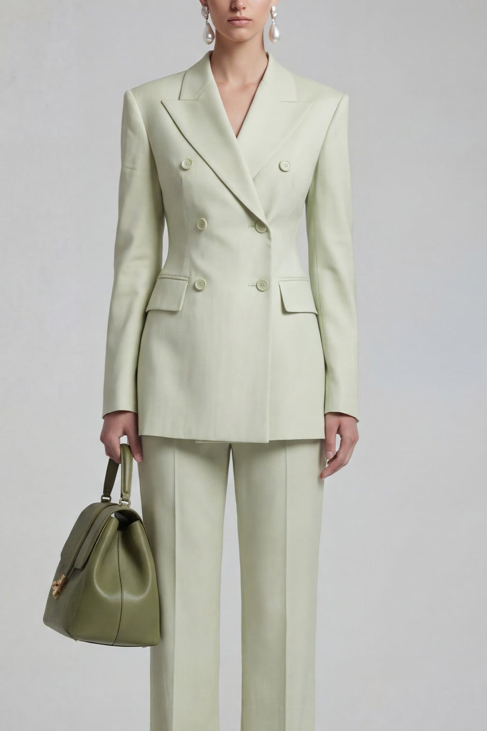 Green Double Breasted Peak Lapel Long Sleeves Business