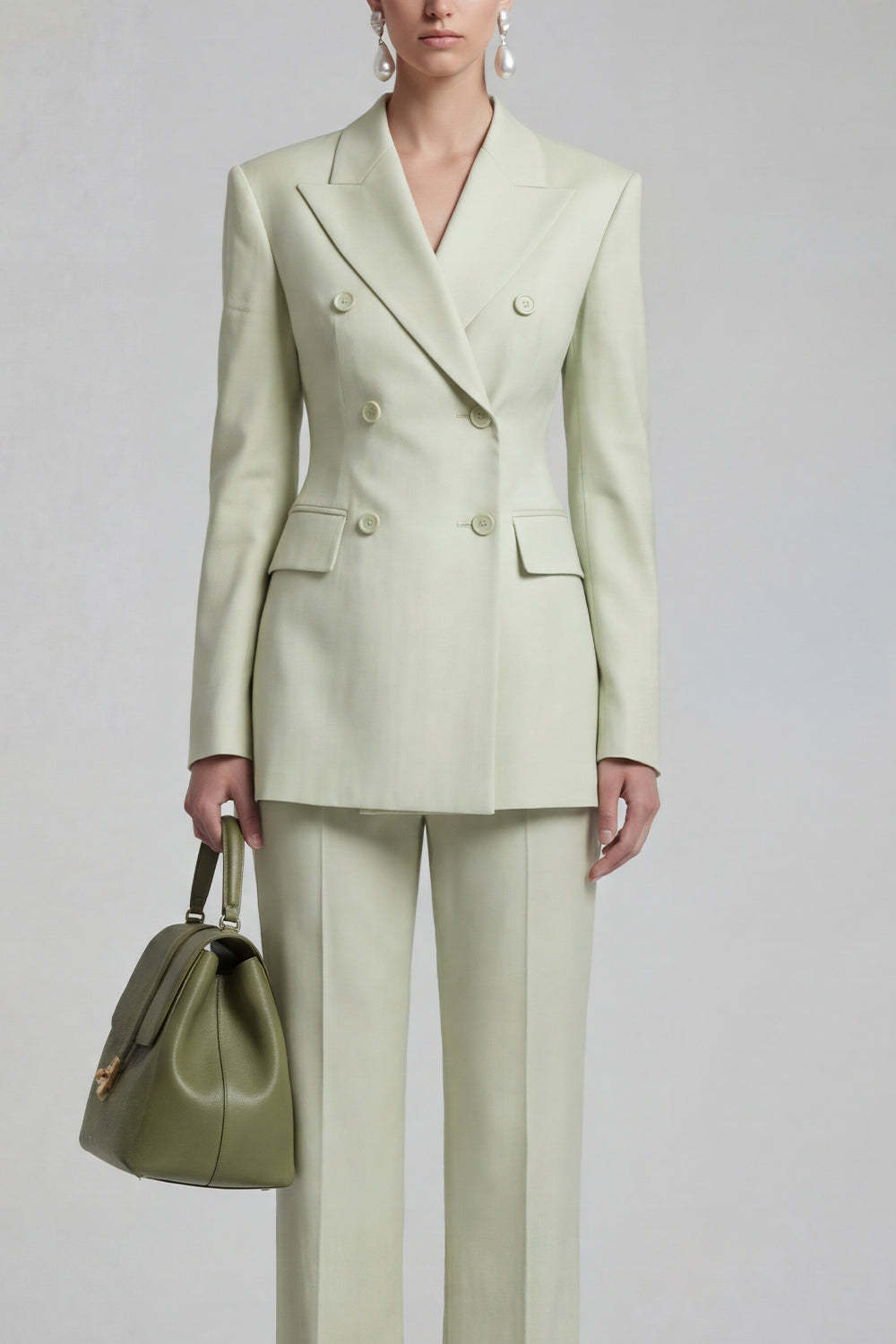 Green Double Breasted Peak Lapel Long Sleeves Business