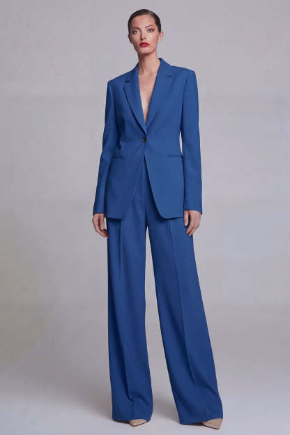 Leely Women Peak Lapel Dark Blue 2 Piece Business Suits Long Sleeves Single Breasted Work Pantsuis