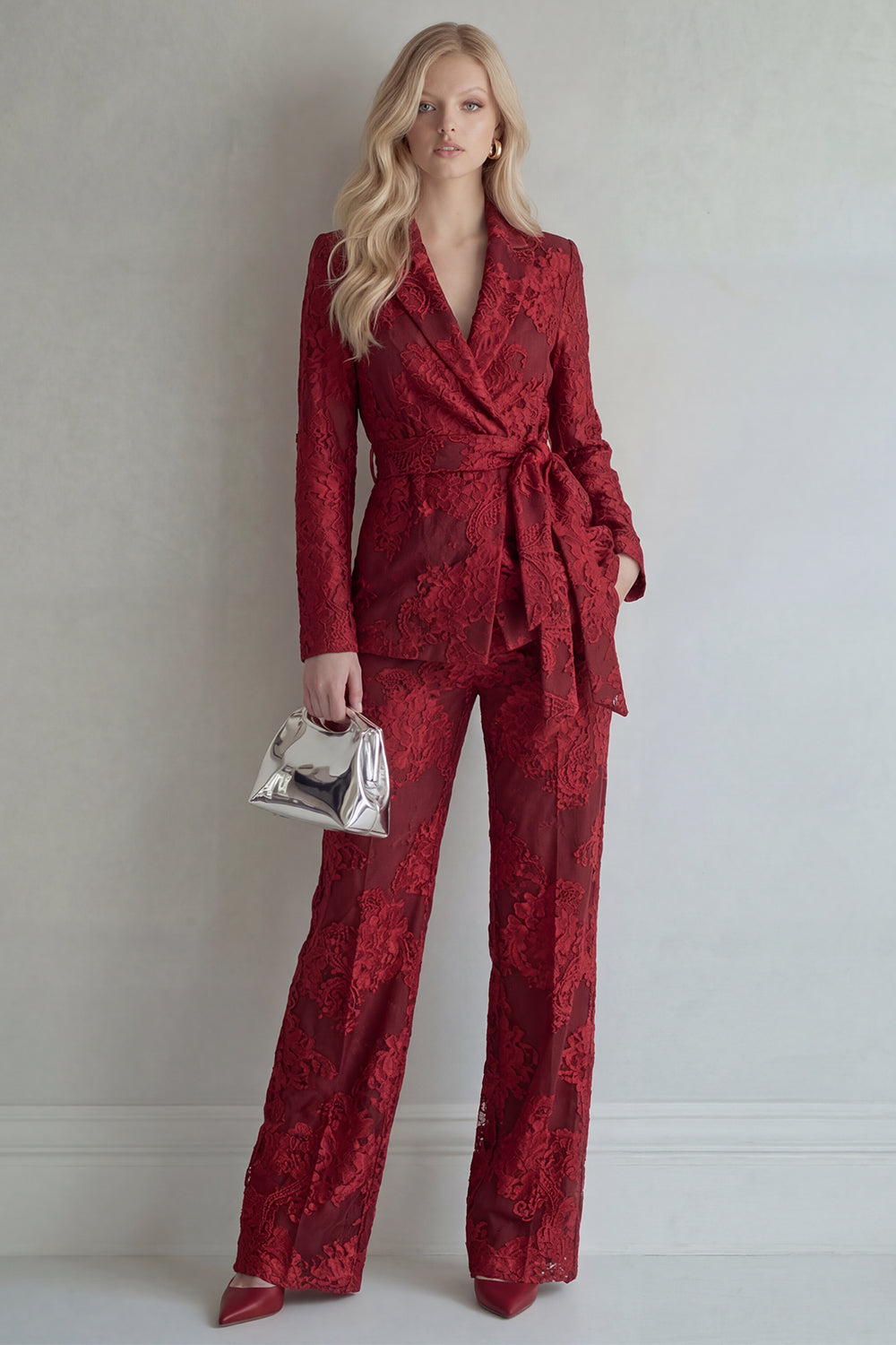Red 2 Piece Peak Lapel Floral Long Sleeves Business Suits