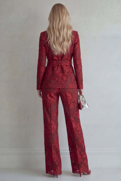 Red 2 Piece Peak Lapel Floral Long Sleeves Business Suits