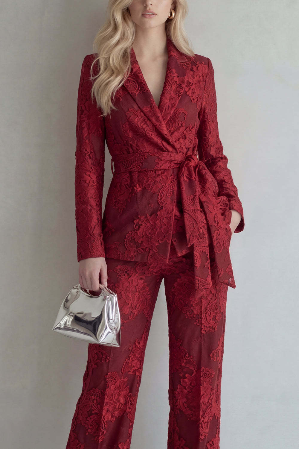 Red 2 Piece Peak Lapel Floral Long Sleeves Business Suits