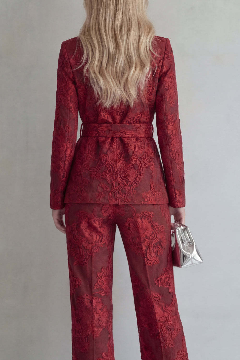Red 2 Piece Peak Lapel Floral Long Sleeves Business Suits