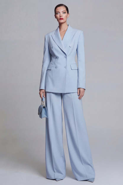 Leely Women Peak Lapel Blue Long Sleeves Business Suits Double Breasted 2 Piece Work Pantsuits