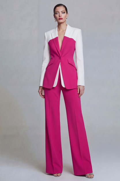 Leely Women Black Peak Lapel 2 Piece Business Suits Long Sleeves Single Breasted Work Pantsuits