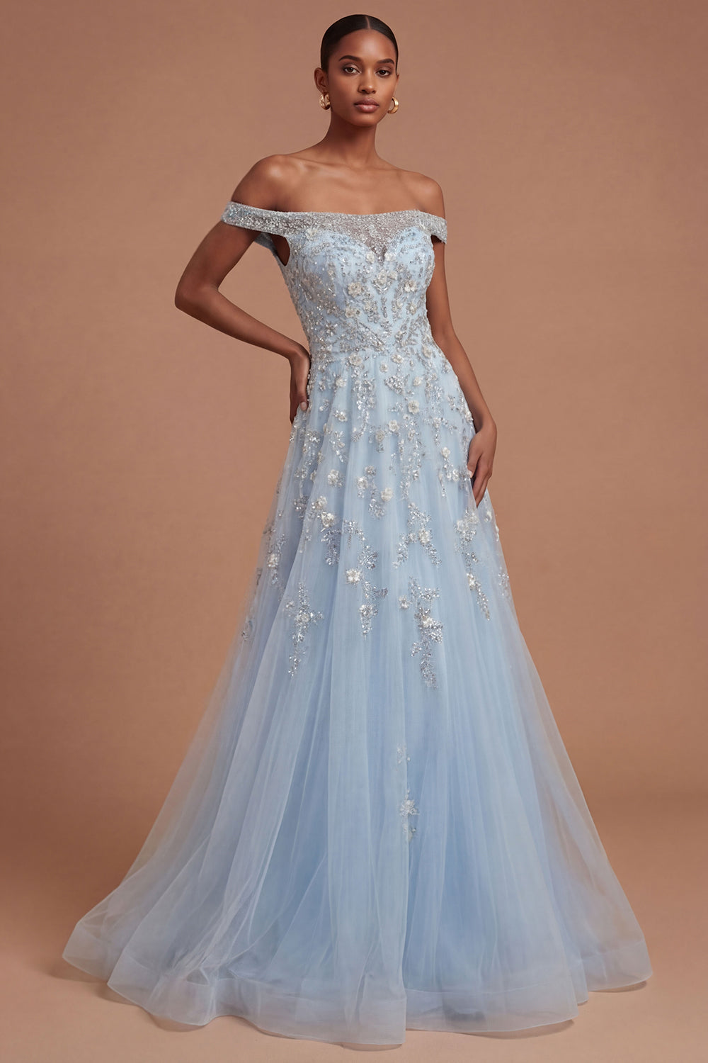 Leely Women Sparkly Beaded Blue Off the Shoulder A Line Long Prom Dress Appliqued Backless Sleeveless Wedding Guest Dress