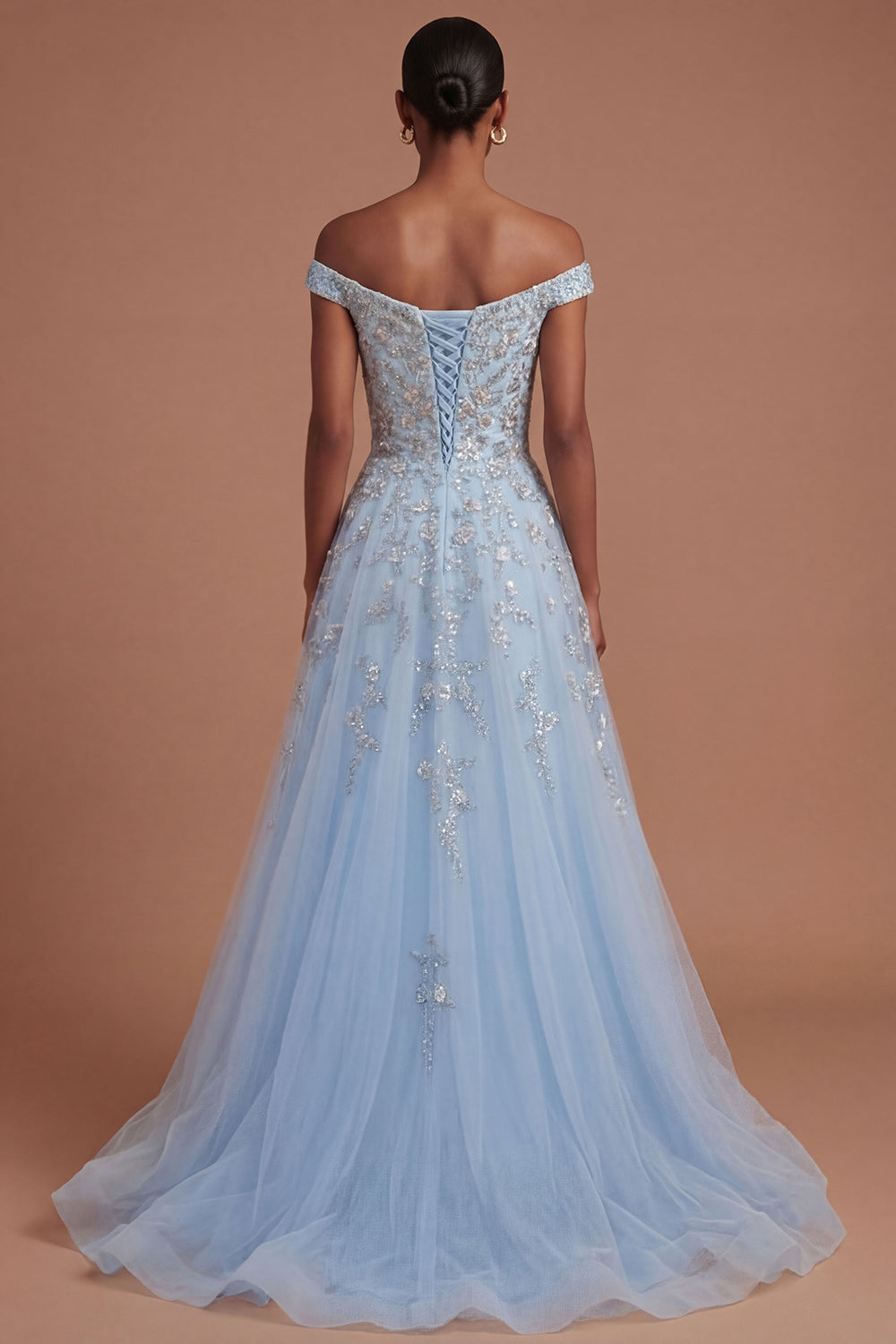 Sparkly Beaded Blue Off the Shoulder A Line Long Prom Dress
