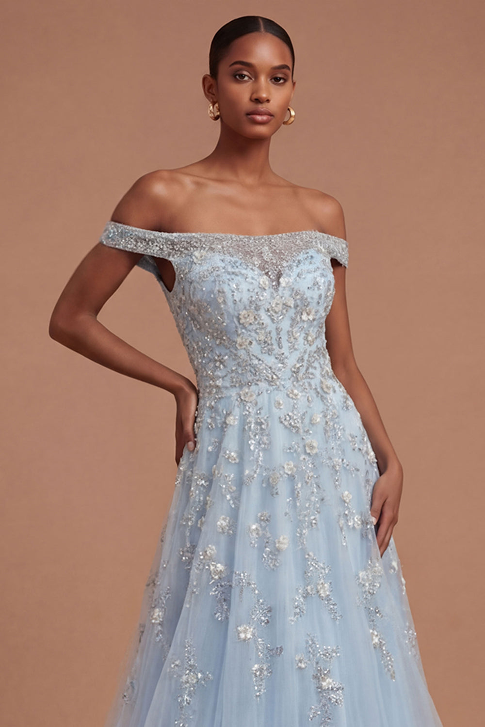 Sparkly Beaded Blue Off the Shoulder A Line Long Prom Dress