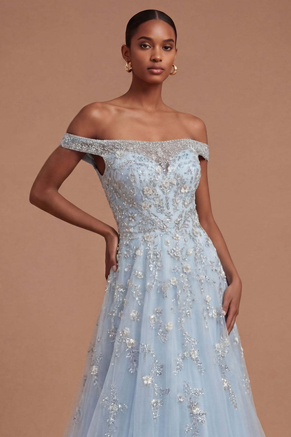 Sparkly Beaded Blue Off the Shoulder A Line Long Prom Dress