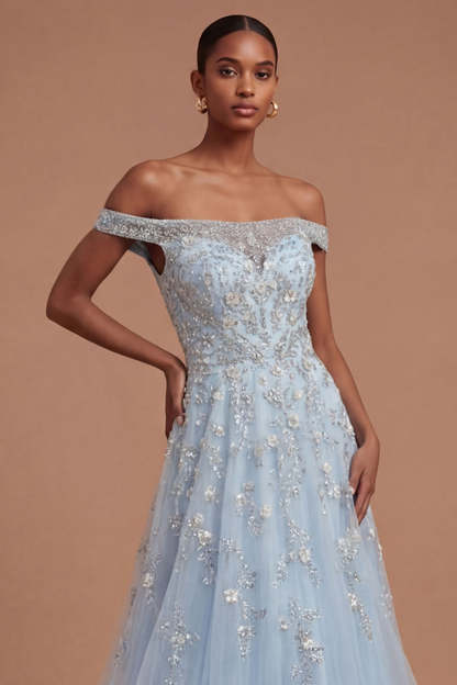 Sparkly Beaded Blue Off the Shoulder A Line Long Prom Dress