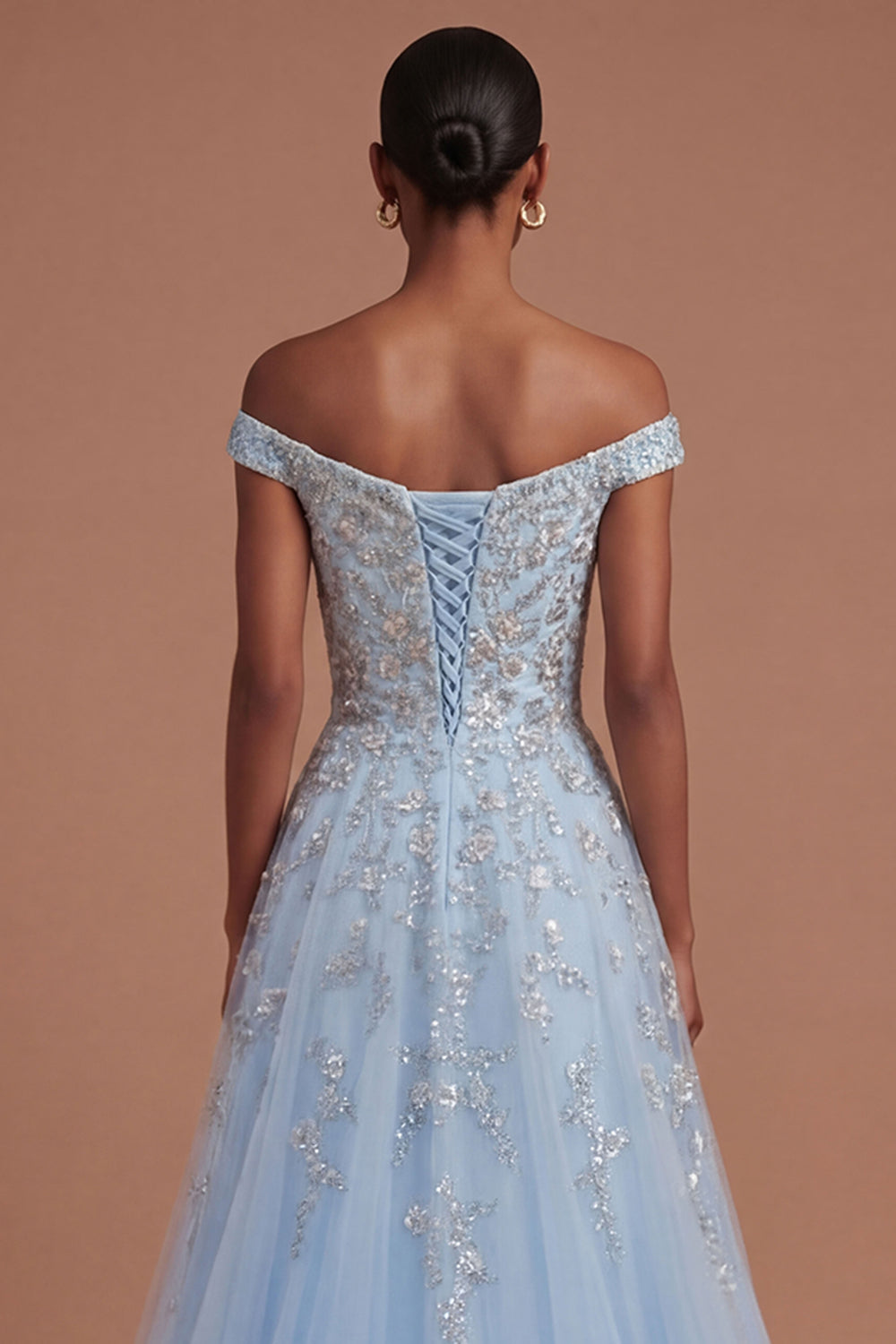 Sparkly Beaded Blue Off the Shoulder A Line Long Prom Dress