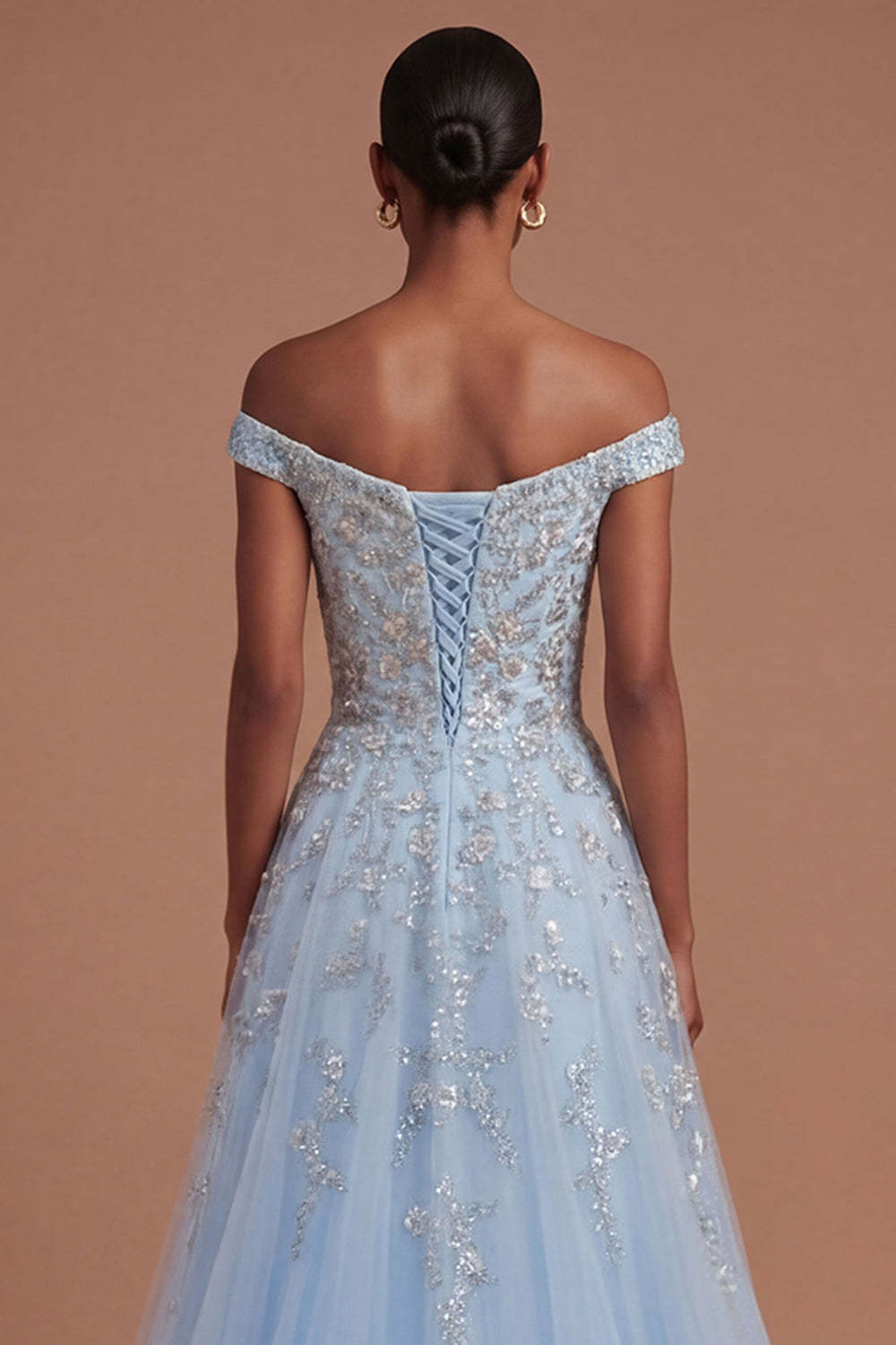 Sparkly Beaded Blue Off the Shoulder A Line Long Prom Dress