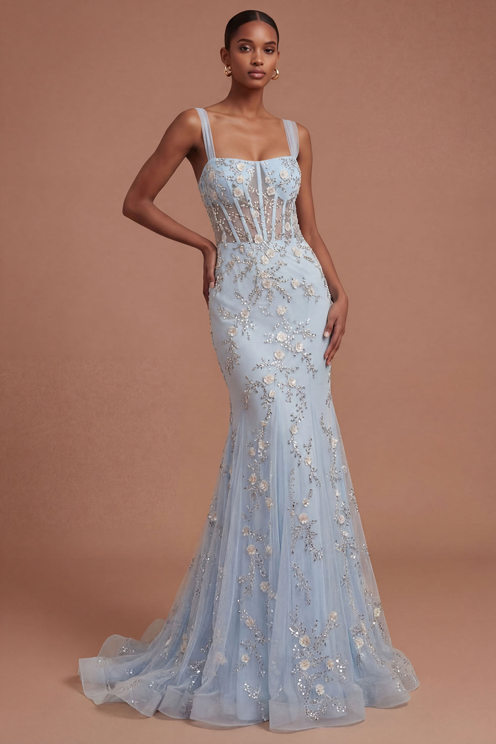 Sparkly Beaded Corset Blue Mermaid Long Prom Dress