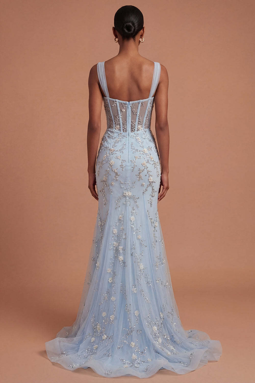 Sparkly Beaded Corset Blue Mermaid Long Prom Dress