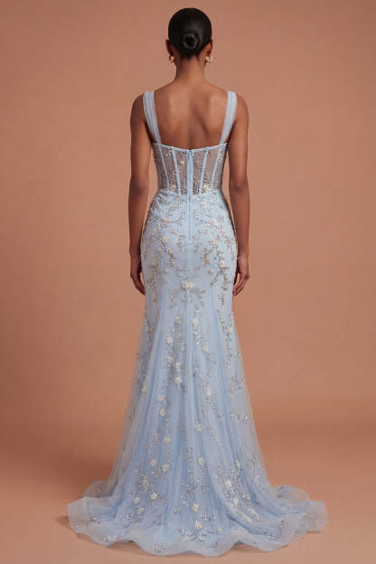 Sparkly Beaded Corset Blue Mermaid Long Prom Dress