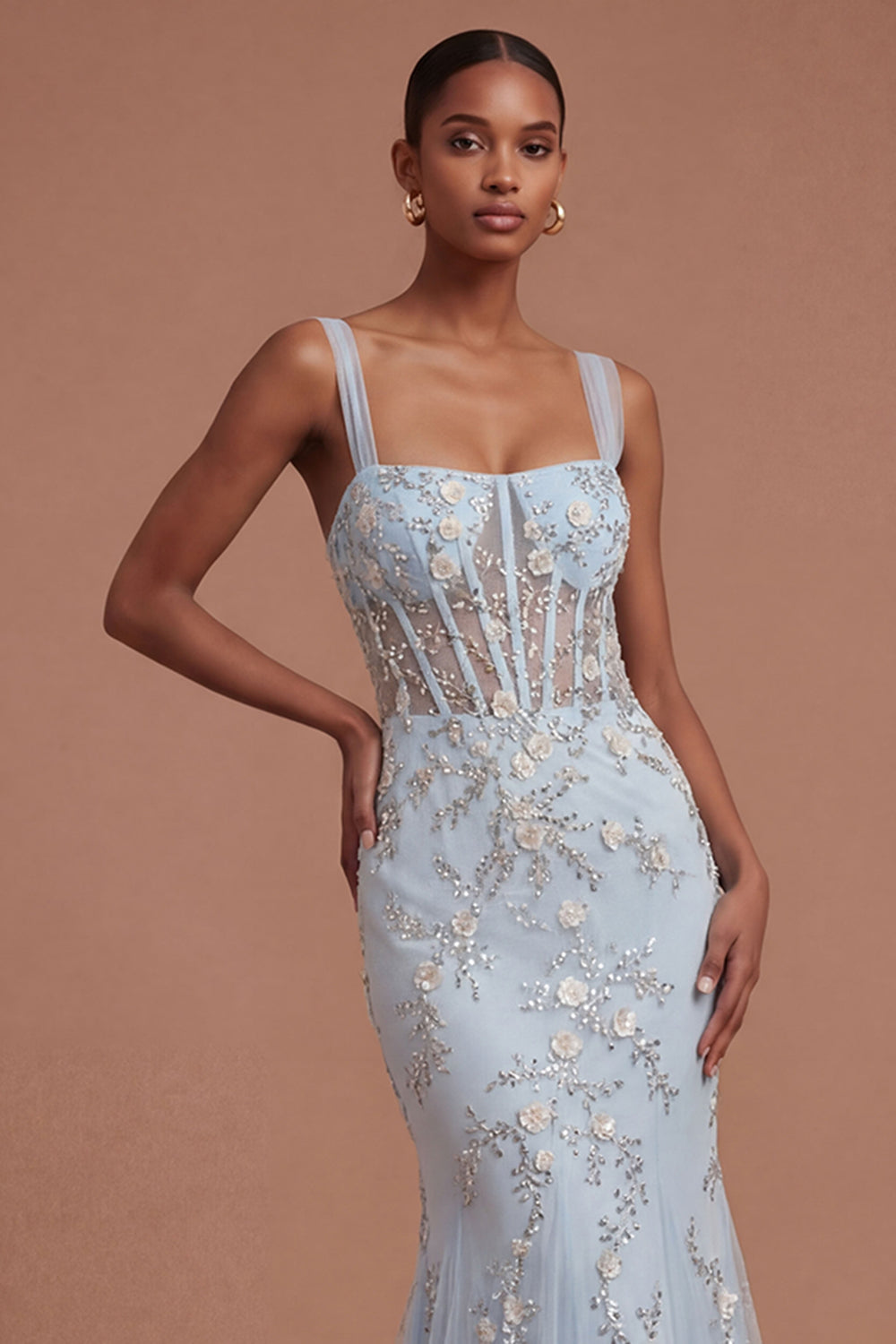 Sparkly Beaded Corset Blue Mermaid Long Prom Dress