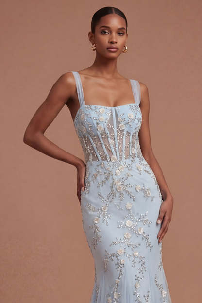 Sparkly Beaded Corset Blue Mermaid Long Prom Dress