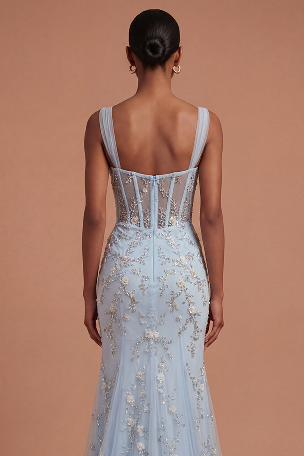 Sparkly Beaded Corset Blue Mermaid Long Prom Dress