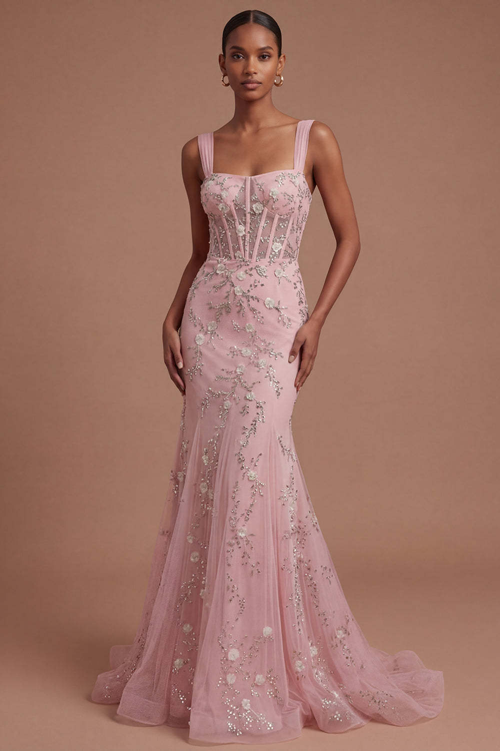 Leely Women Sparkly Beaded Corset Blue Mermaid Long Prom Dress Thick Straps Sleeveless Backless Evening Dress