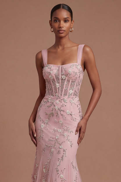 Sparkly Beaded Corset Blue Mermaid Long Prom Dress