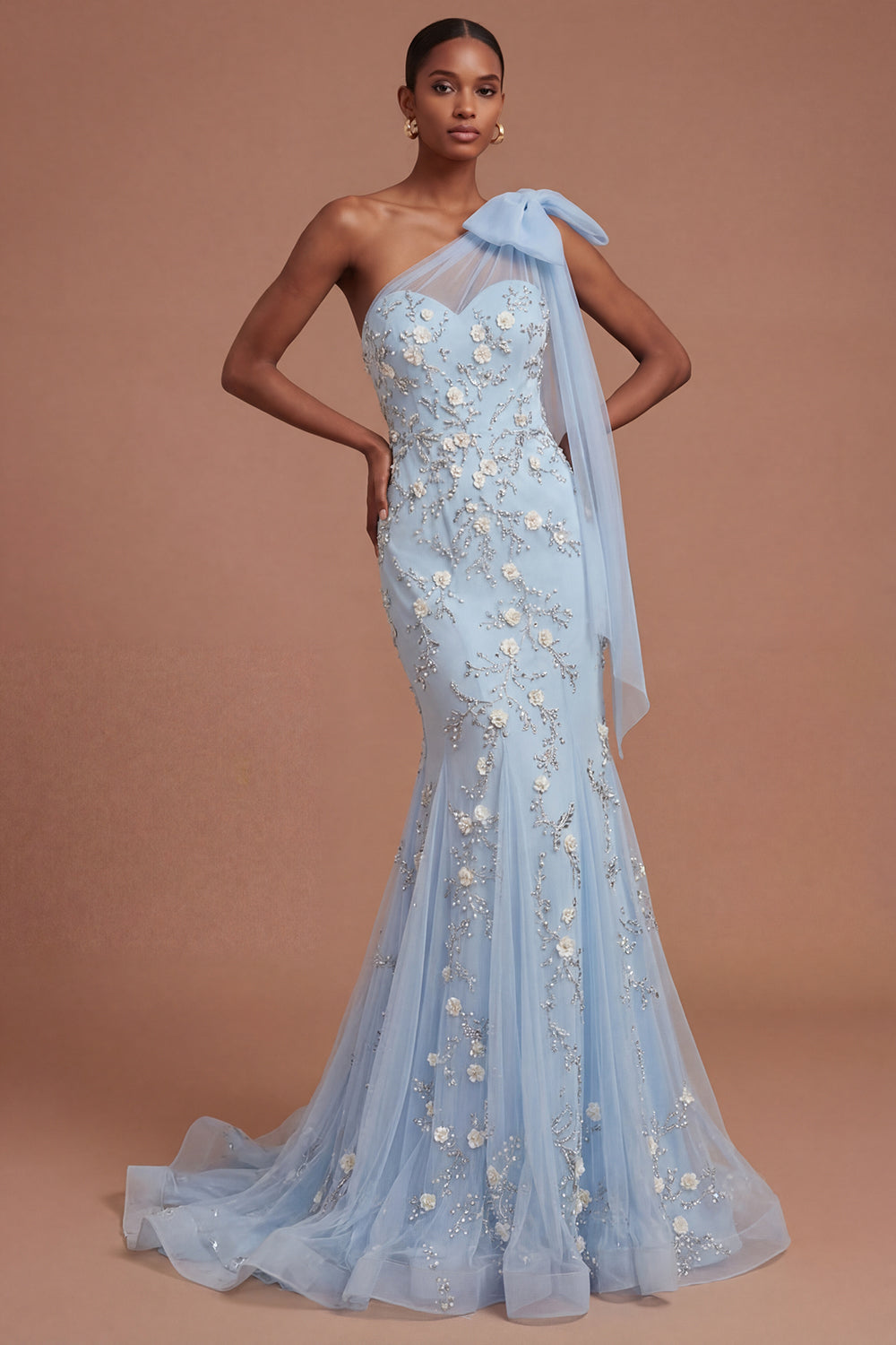 Floral Mermaid Sparkly Beaded One Shoulder Blush Long Prom Dress