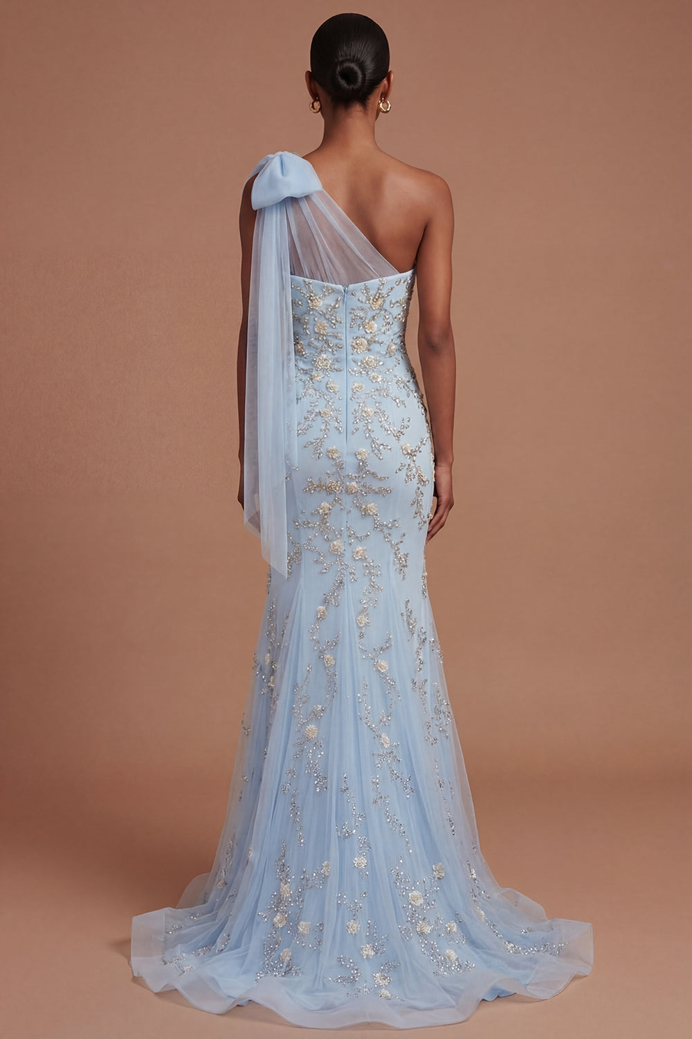 Floral Mermaid Sparkly Beaded One Shoulder Blush Long Prom Dress