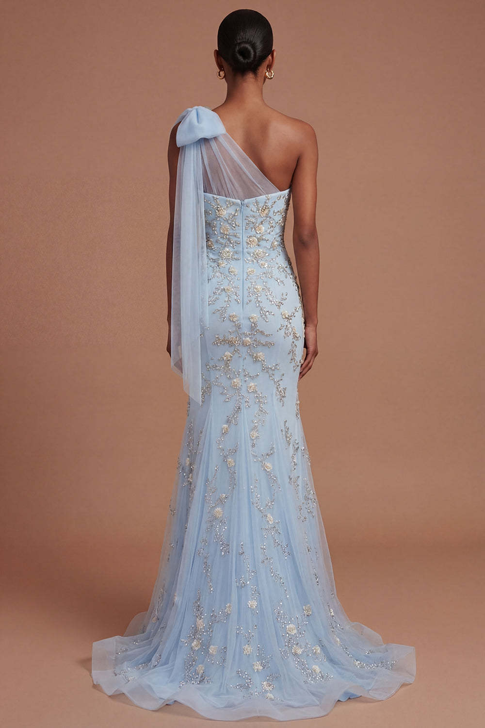 Floral Mermaid Sparkly Beaded One Shoulder Blush Long Prom Dress