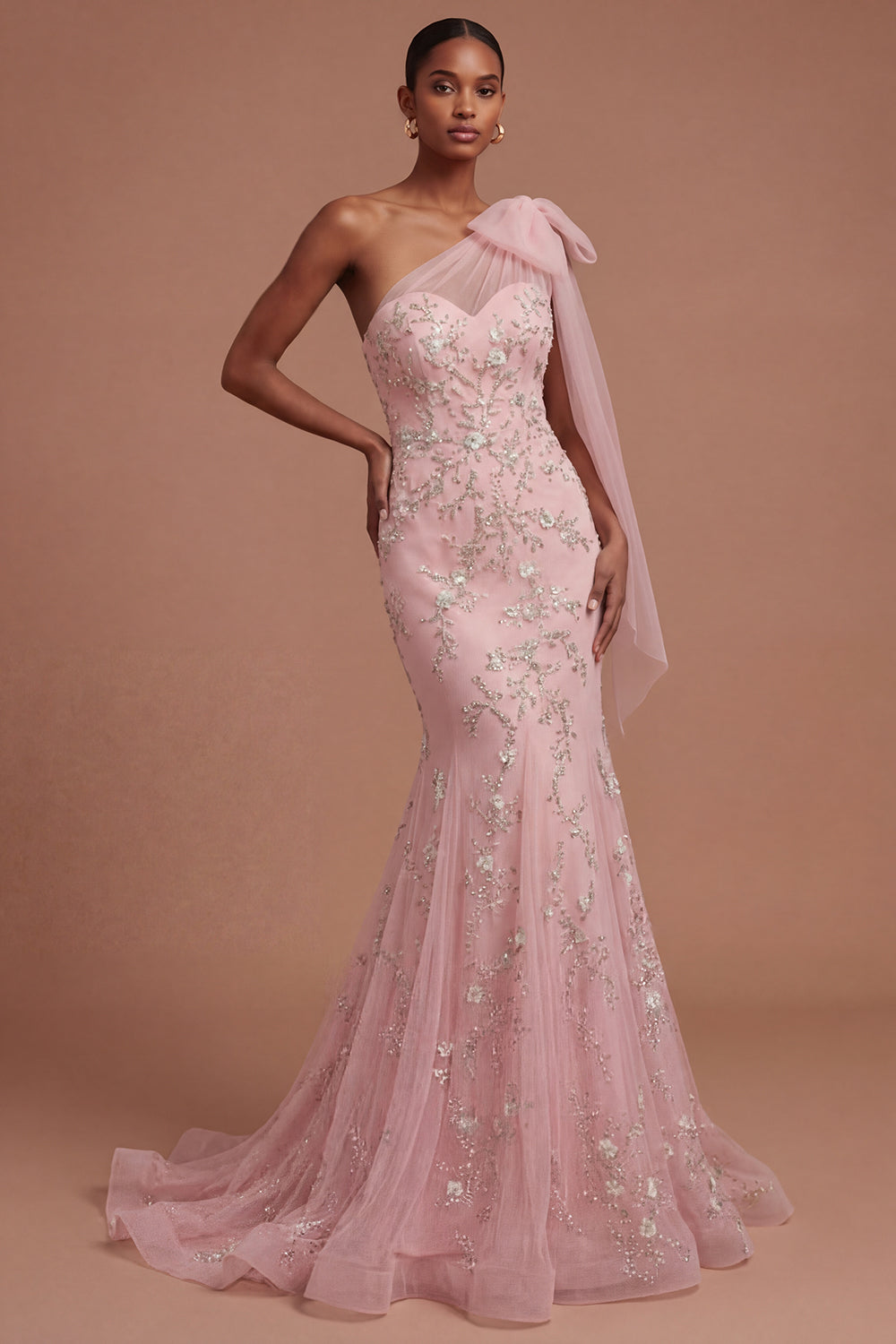 Floral Mermaid Sparkly Beaded One Shoulder Blush Long Prom Dress