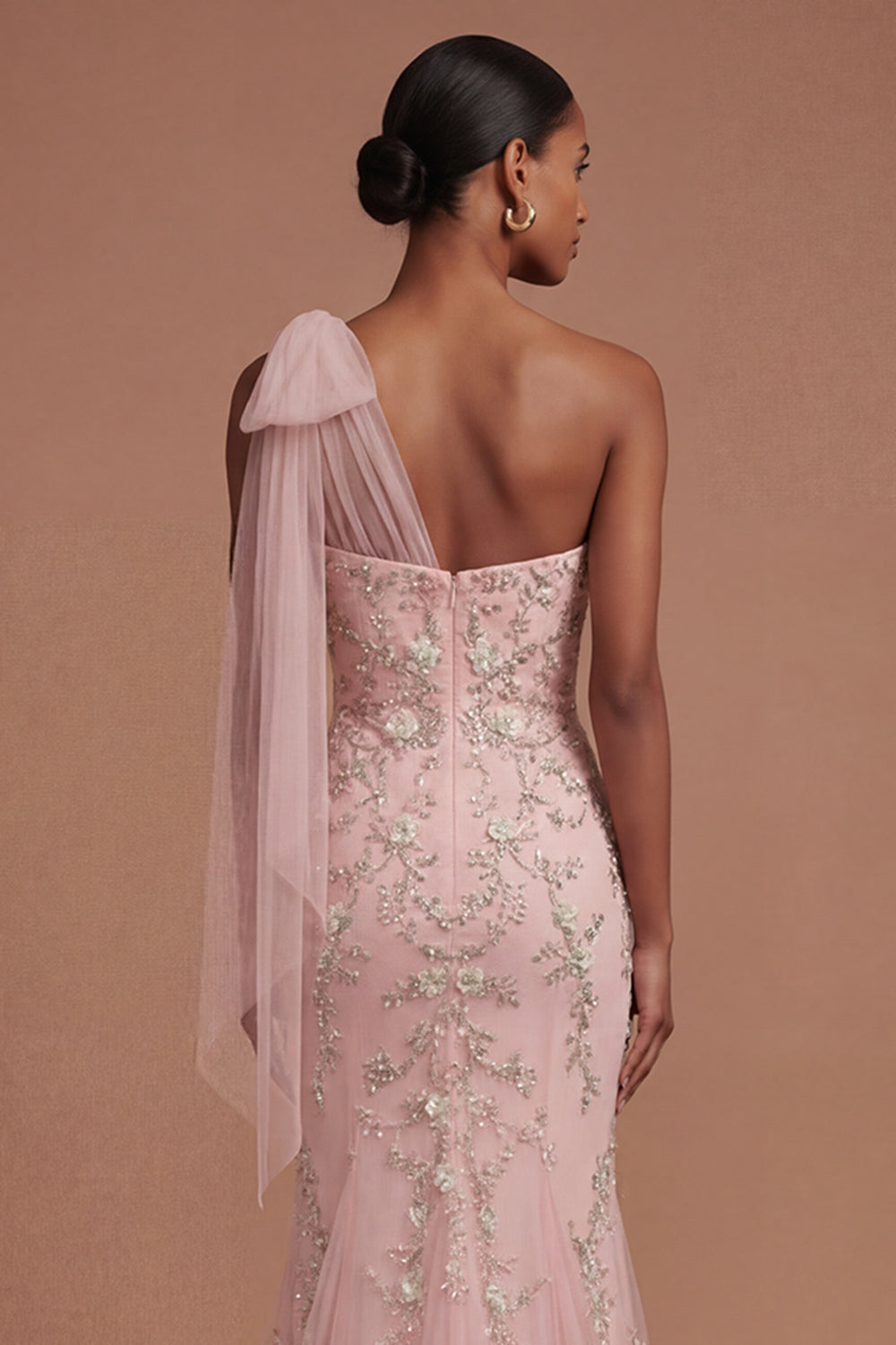 Floral Mermaid Sparkly Beaded One Shoulder Blush Long Prom Dress