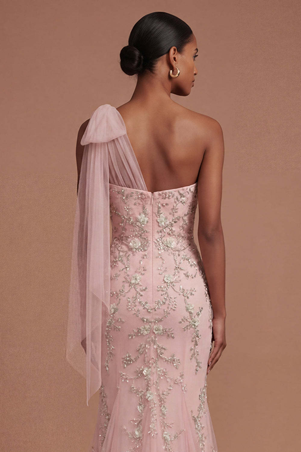 Floral Mermaid Sparkly Beaded One Shoulder Blush Long Prom Dress