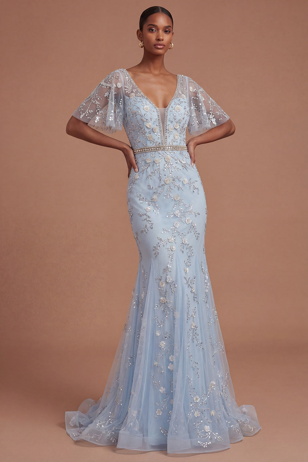 Leely Women Short Sleeves Blush Sparkly Beaded Floral Long Prom Dress V Neck Mermaid Evening Dress