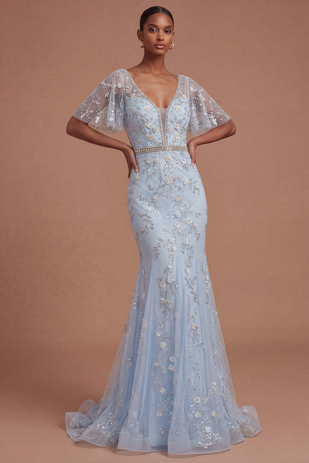 Leely Women Short Sleeves Blush Sparkly Beaded Floral Long Prom Dress V Neck Mermaid Evening Dress