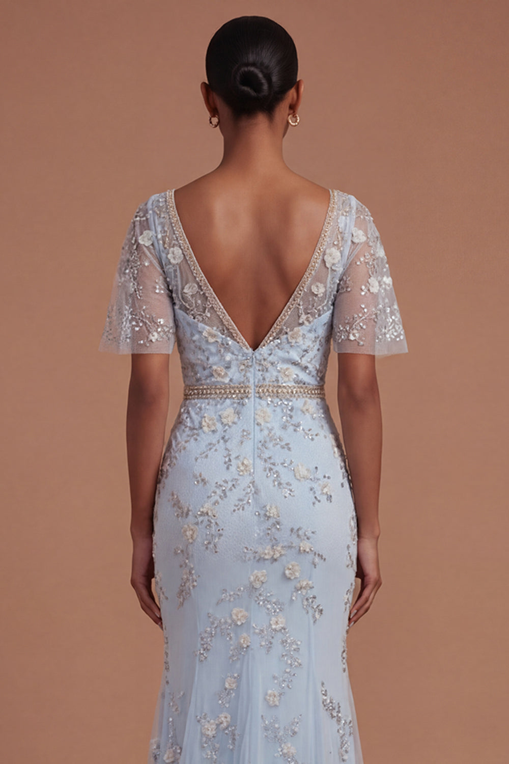 Short Sleeves Blush Sparkly Beaded Floral Long Prom Dress