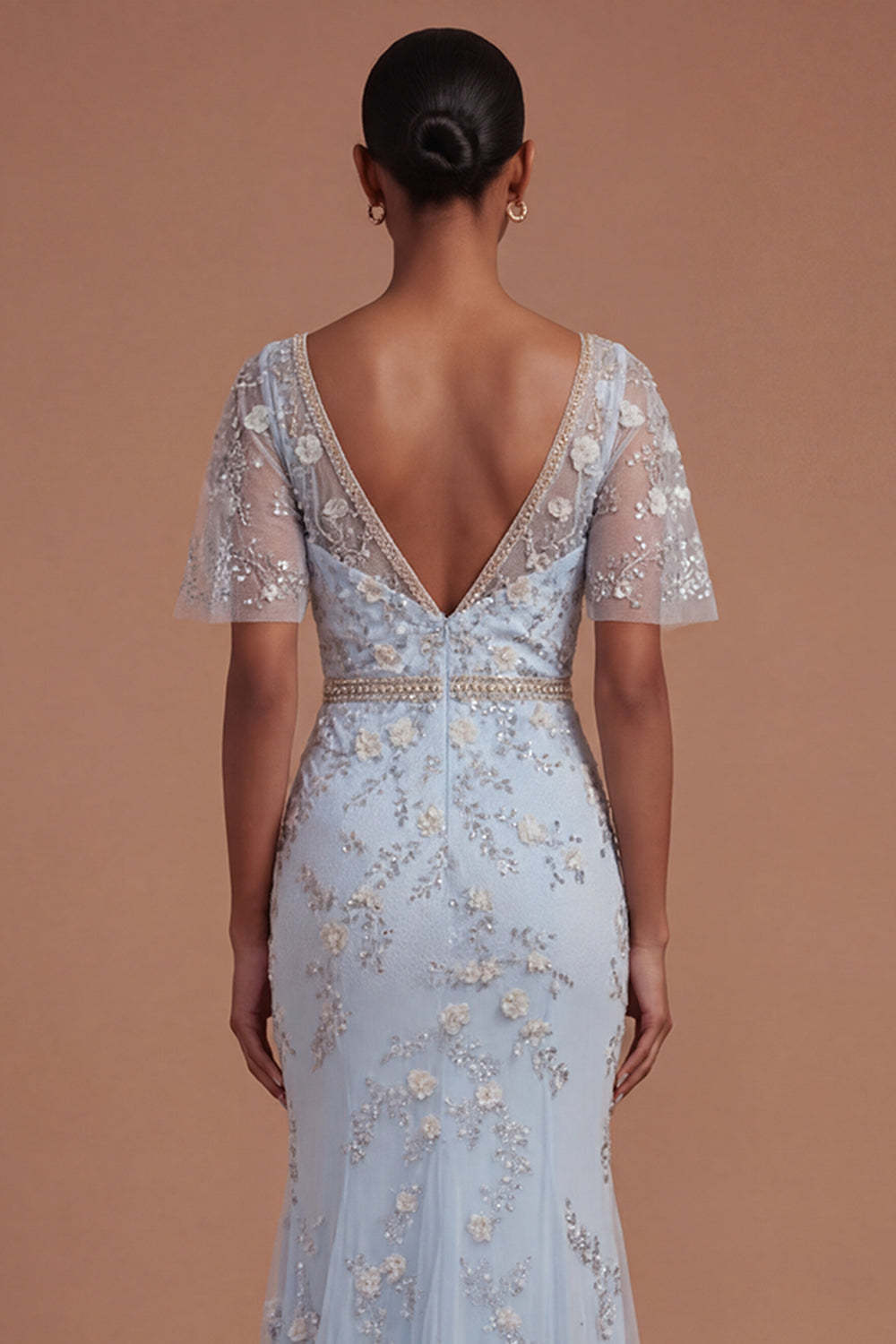 Short Sleeves Blush Sparkly Beaded Floral Long Prom Dress