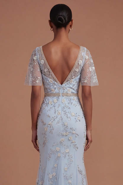 Short Sleeves Blush Sparkly Beaded Floral Long Prom Dress
