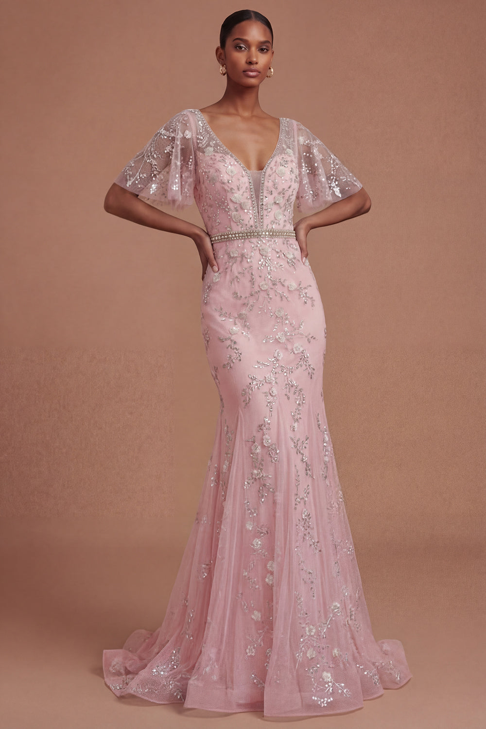 Short Sleeves Blush Sparkly Beaded Floral Long Prom Dress