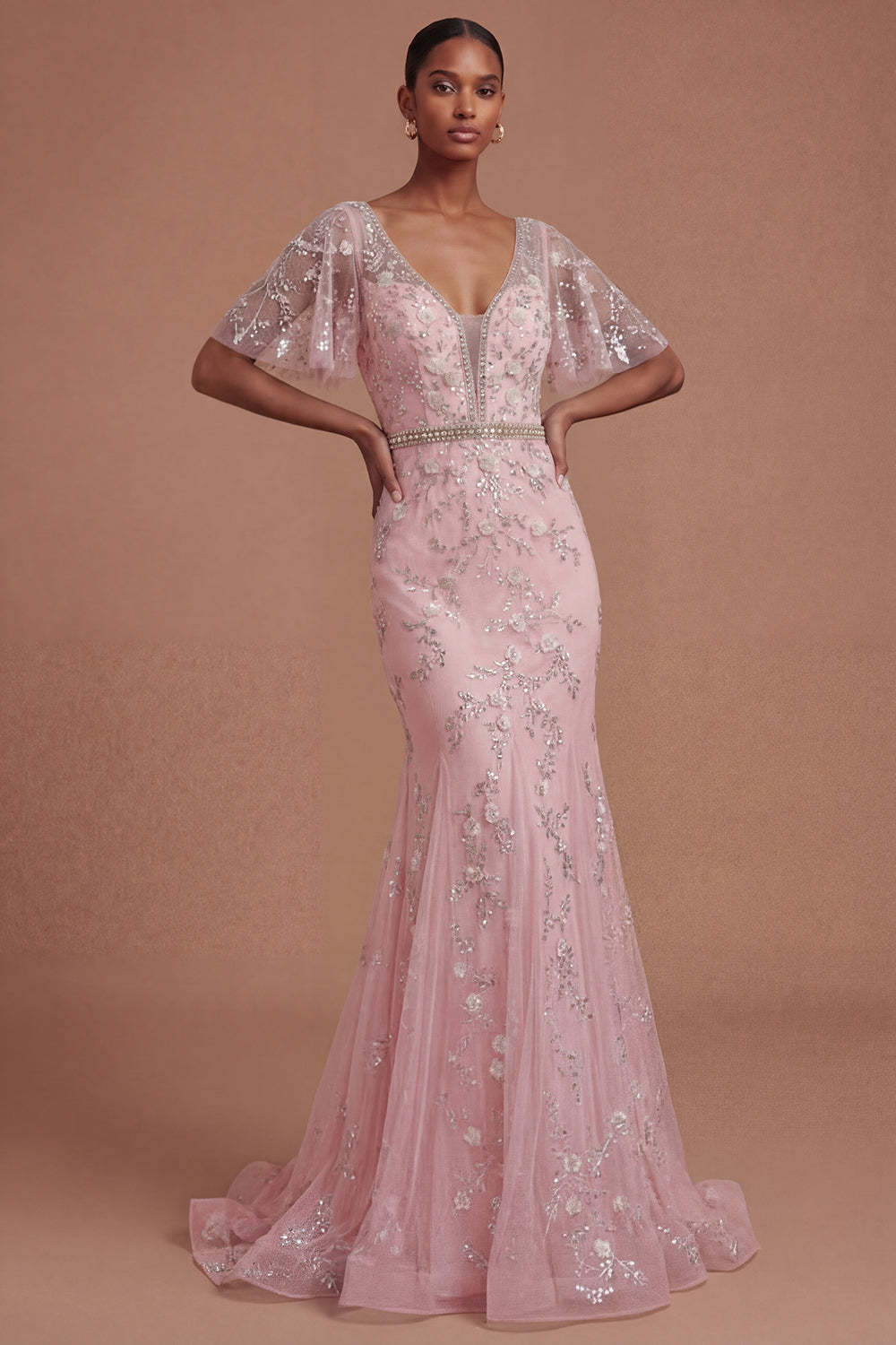 Short Sleeves Blush Sparkly Beaded Floral Long Prom Dress