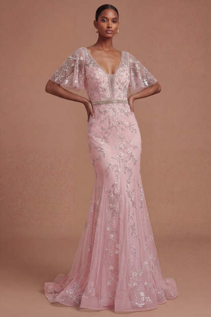 Short Sleeves Blush Sparkly Beaded Floral Long Prom Dress