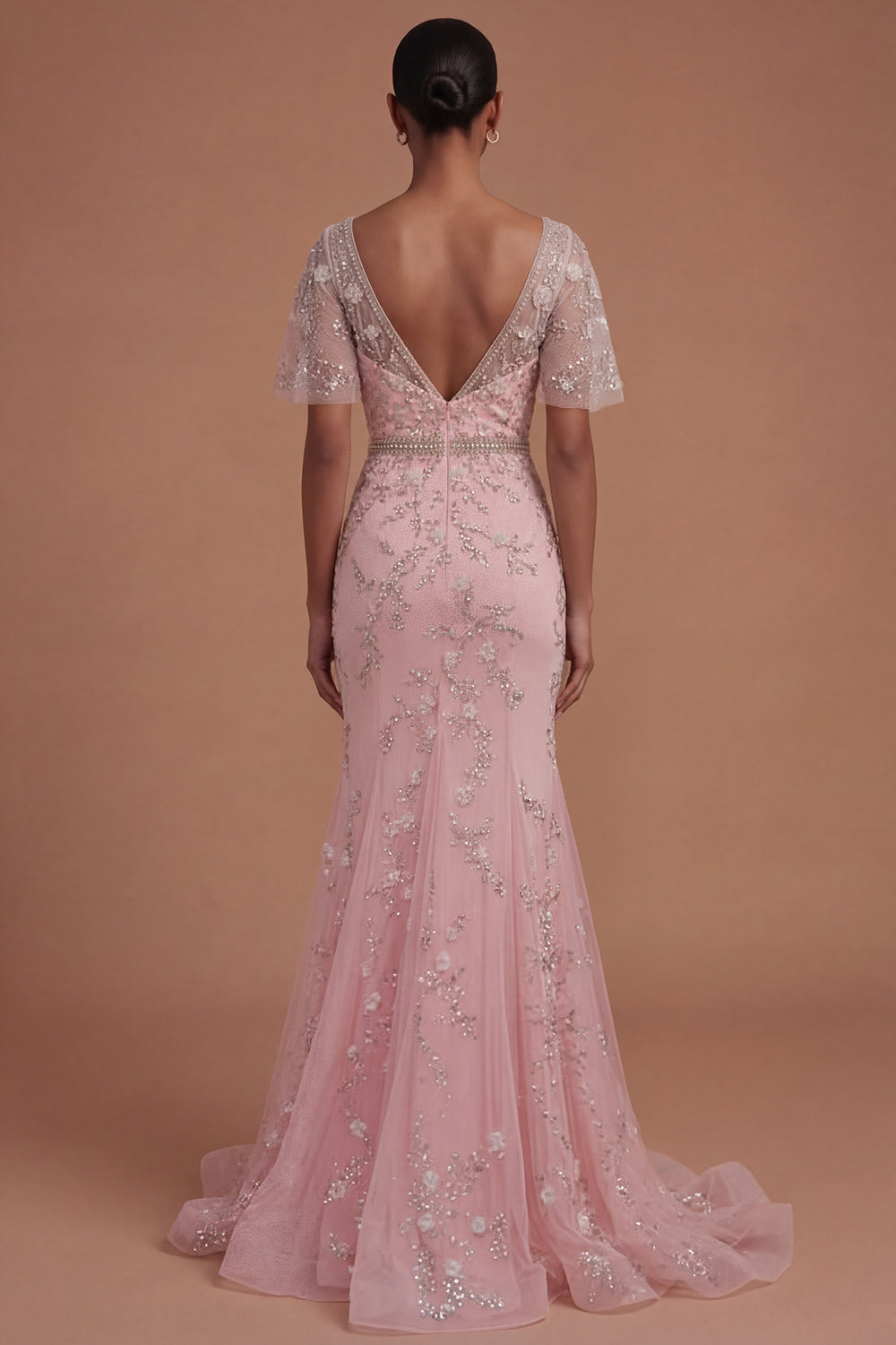 Short Sleeves Blush Sparkly Beaded Floral Long Prom Dress