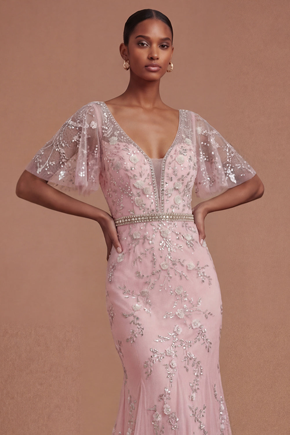 Short Sleeves Blush Sparkly Beaded Floral Long Prom Dress