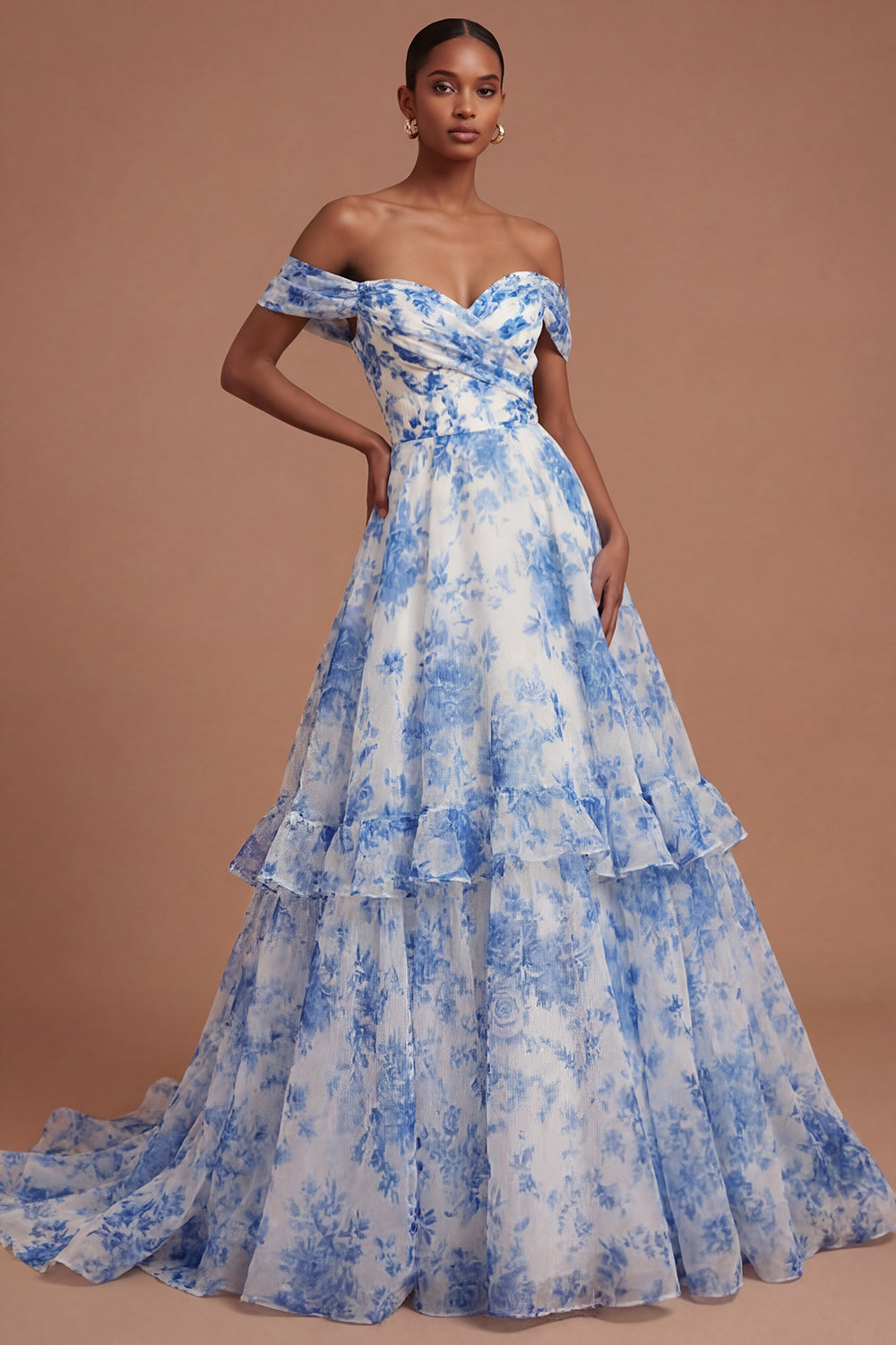 A Line Off the Shoulder Floral White Blue Tiered Long Prom Dress