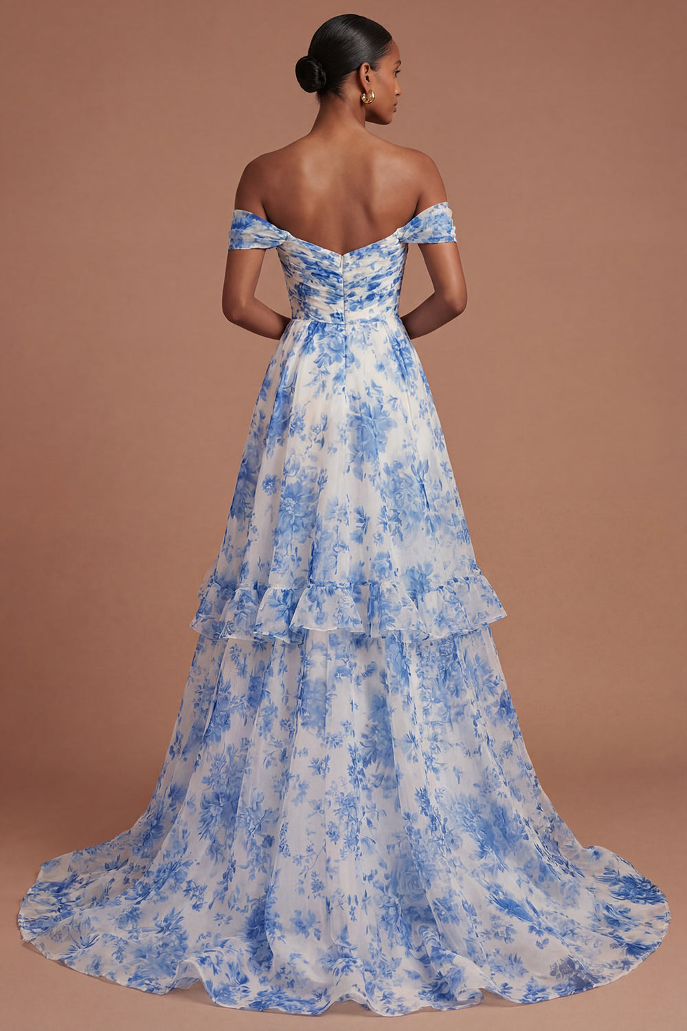 A Line Off the Shoulder Floral White Blue Tiered Long Prom Dress