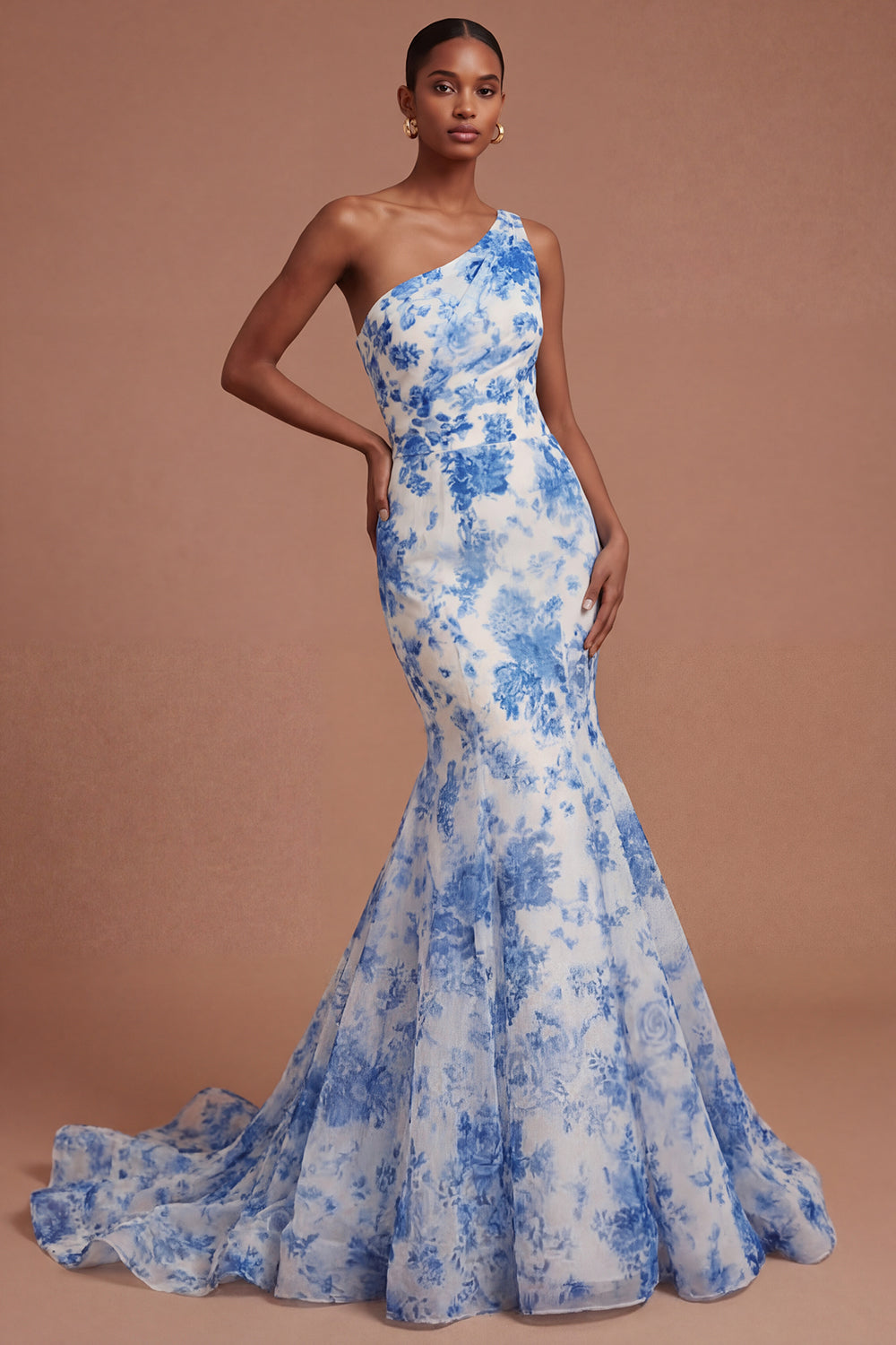 White Blue Flower Mermaid One Shoulder Backless Long Prom Dress