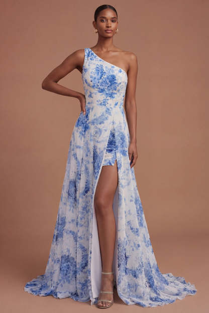 Leely Women White Blue Flower A Line Backless Long Prom Dress with Slit One Shoulder Sleeveless Evening Dress
