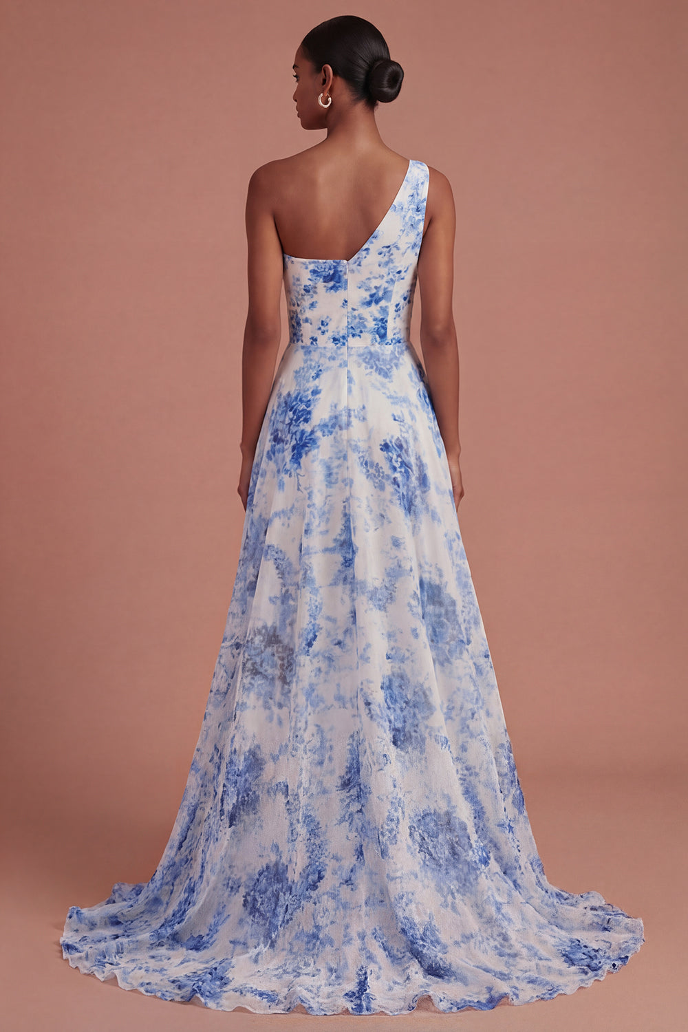 White Blue Flower A Line One Shoulder Backless Long Prom Dress with Slit